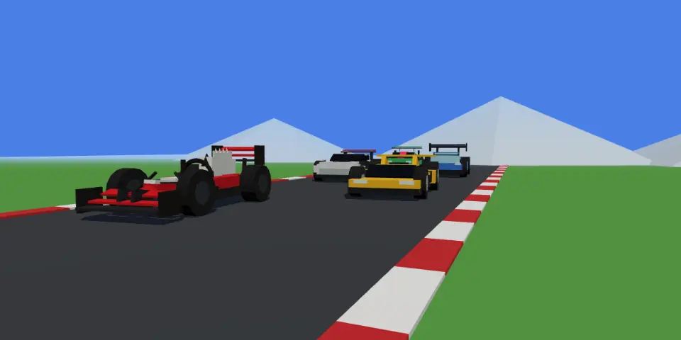 An F1 car, a supercar, a drift car and GT racers coming down the race circuit in Mythwild