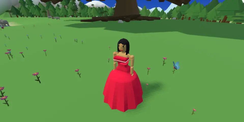 A player character in a red ball gown standing in a flower meadow in front of the World Tree