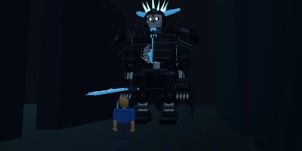 A player with a sword facing the Hollow King, a towering armoured skeleton with a crown and blade of ice