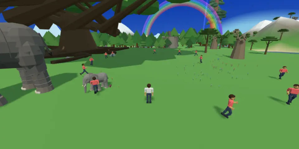 Players running across a meadow under the World Tree in Mythwild, with elephants nearby and a rainbow behind