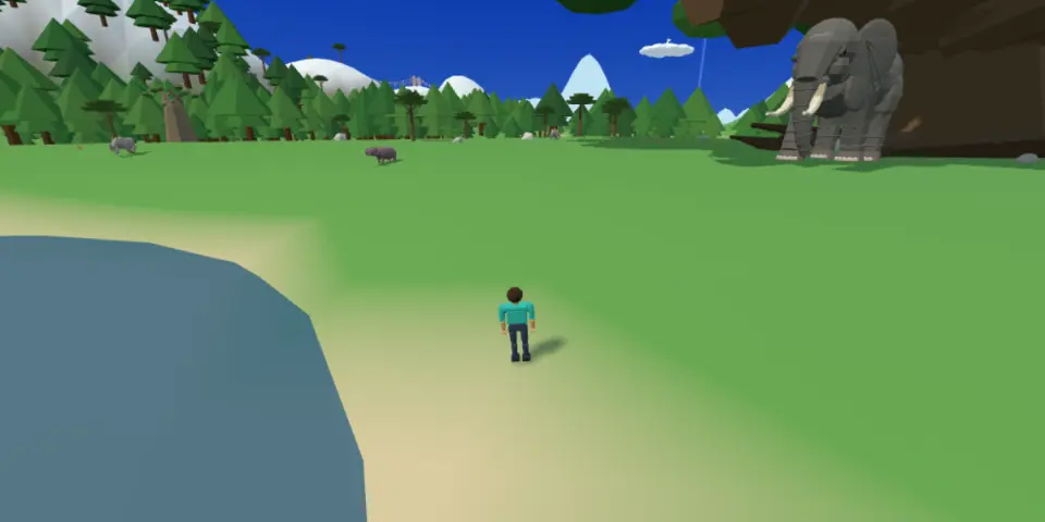 The savanna in Mythwild: an elephant under a great tree, with a hippo and a rhino by the waterhole