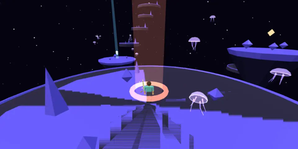 The Sky-Realm: floating violet islands and drifting jellyfish in a starry sky