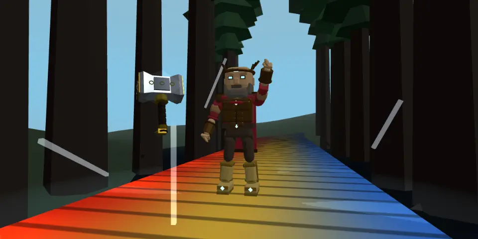 Thor on the rainbow bridge in the rain, his arm raised, with his hammer Mjölnir flying past