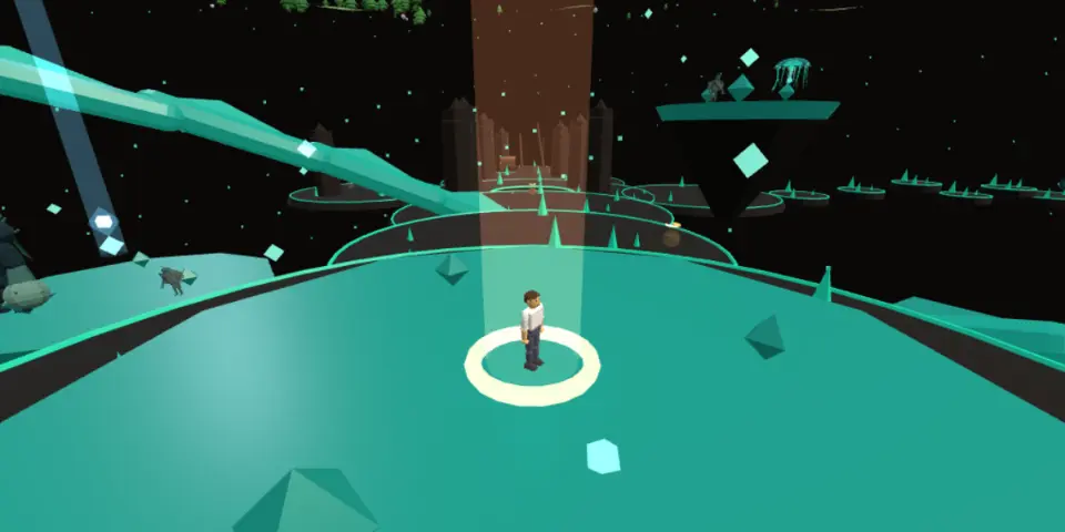 The Underworld: glowing teal ledges and crystals over a dark void