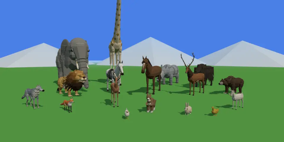 A line-up of Mythwild animals: an elephant, a lion, a giraffe, a zebra, a horse, a rhino, a stag, a yak, a bear, a wolf, a fox, a dog, a rabbit, a chicken, a duck and a goat