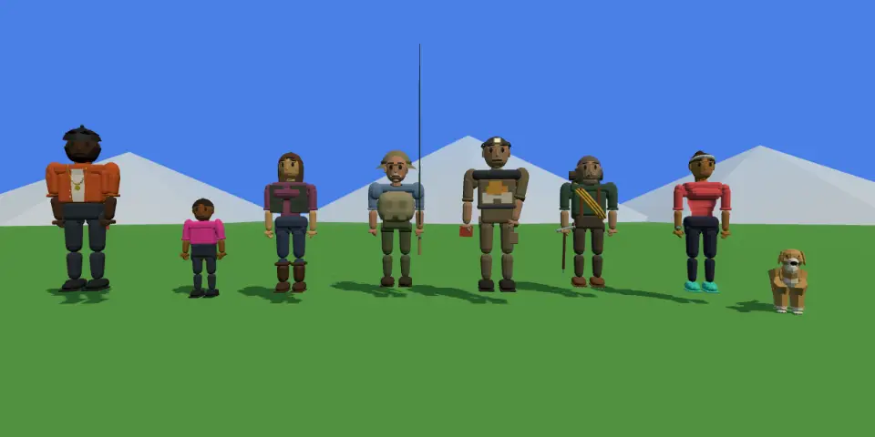 Characters of Mythwild standing together: shopkeepers, riders and the Wanderer